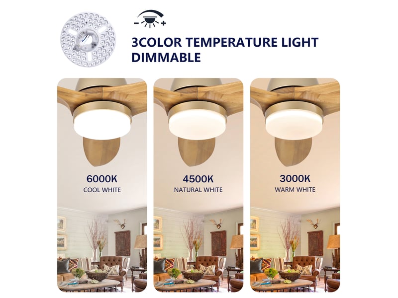  Ventilateur de plafond lumineux avec 3 pales en bois massif, moteur dc réversible, intensité réglable, chêne doré 36 pouces  - Conforama E