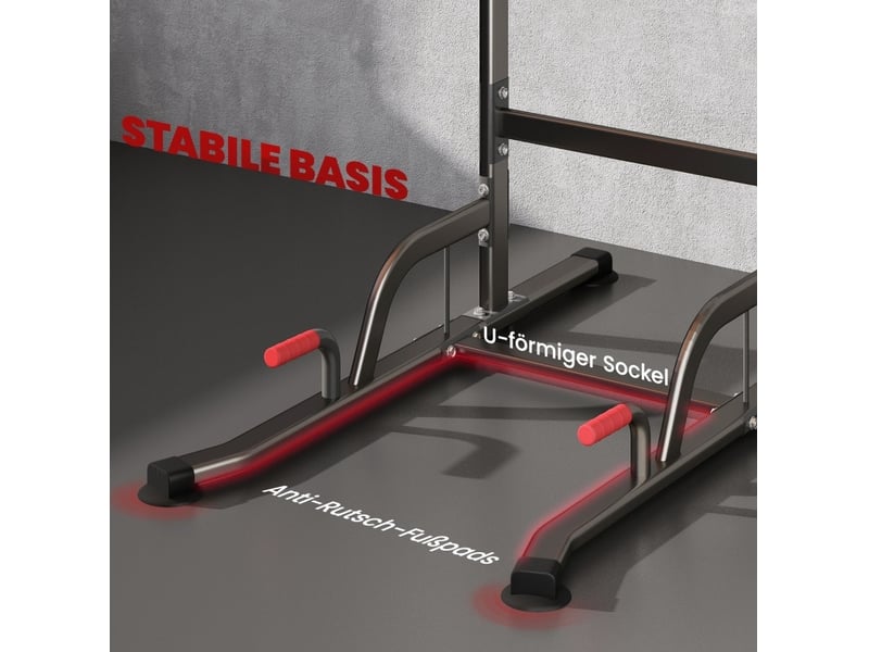Tour de musculation réglable rouge et noire avec barre de traction et station dips, pour s'entraîner chez vous - Conforama E