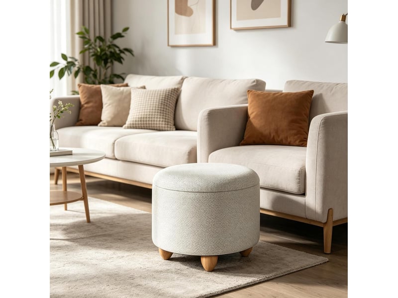  Pouf de rangement tcqpz rond 39 x 33 cm avec plateau en bois crème blanc  - Conforama E