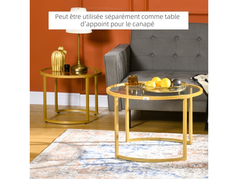  Lot de 2 tables basses gigognes rondes plateau trempé verre et pied en acier au carbone doré  - Conforama R