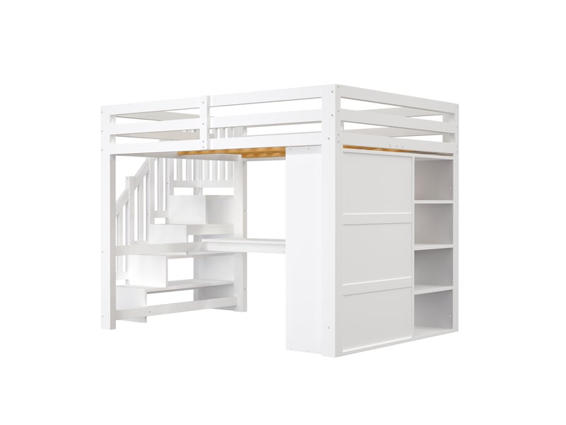  Lit mezzanine 140x200 cm avec bureau et étagère, armoire, lit enfant a escalier avec rangements, blanc, ports usb et éclairage led  - Conforama A