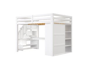 Lit mezzanine 140x200 cm avec bureau et étagère, armoire, lit enfant a escalier avec rangements, blanc, ports usb et éclairage led