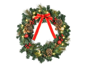 Couronne de noël artificielle lumineuse avec 20 led de 60 cm - décorée de houx et de pommes de pin