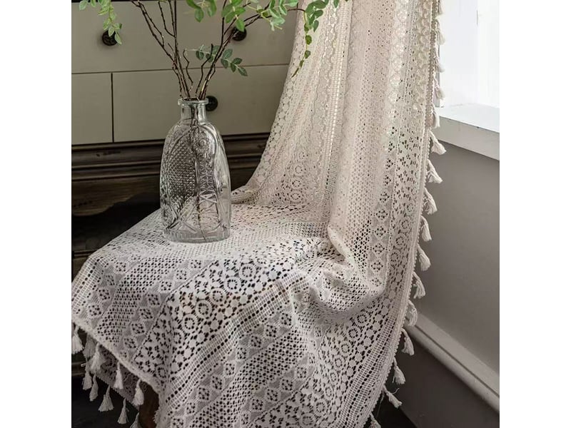  Rideau bohème beige – dentelle crochet – voilage léger – franges tombantes – crème – style fermière – pour salon et chambre – 1 panneau-150 x 220 cm  - Conforama A