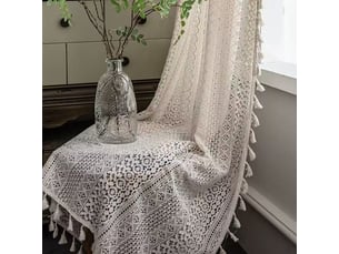 Rideau bohème beige – dentelle crochet – voilage léger – franges tombantes – crème – style fermière – pour salon et chambre – 1 panneau-150 x 220 cm