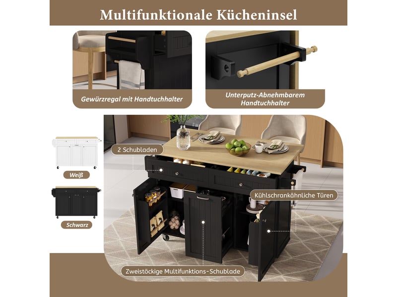  Îlot de cuisine à roulettes 140x40x92 cm avec coin repas extensible, buffet de cuisine avec tiroirs multifonctions, noir  - Conforama E