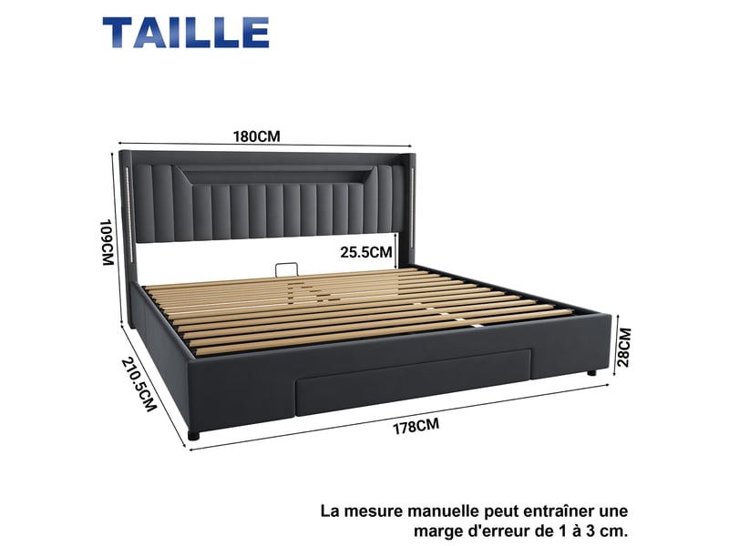  Lit double,180x200 cm,avec polsterauflage stauraum sous le lit avec schubladen,gris  - Conforama C