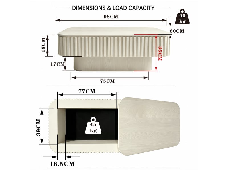 Table basse rectangulaire à rangement caché avec plateau amovible, finition rainurée en mdf crème 98 × 60 × 35 cm - Conforama C