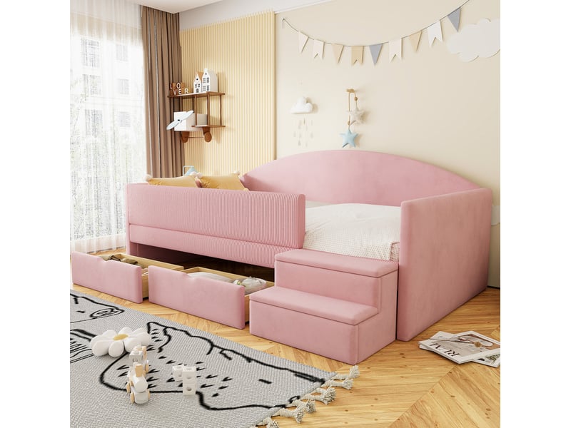  Lit enfant 90x190 cm avec 2 tiroirs et marches en velours rose  - Conforama B
