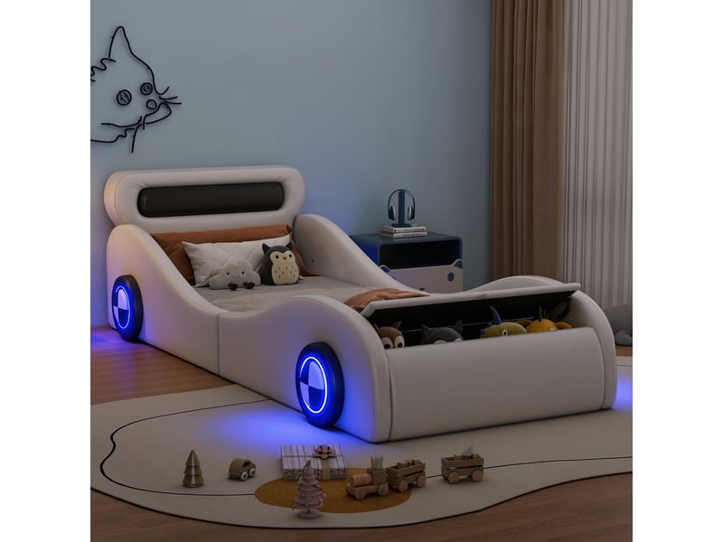  Lit enfant voiture 90 x 200 cm rembourré blanc avec roues lumineuses led, rangement au pied et sommier à lattes  - Conforama D