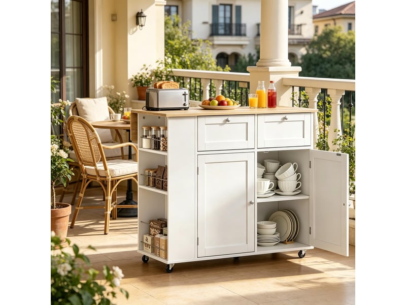 Îlot de cuisine avec plateau pliant 101x62x86 cm, desserte de cuisine à roulettes avec tiroirs, blanc et chêne - Conforama D
