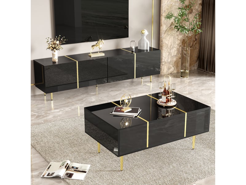  Ensemble meuble tv et table basse, 4 portes + 2 tiroirs, détails dorés, esprit minimaliste contemporain, laqué noir brillant  - Conforama D