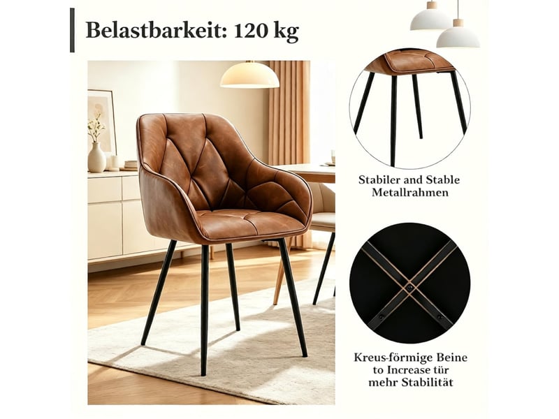  Chaises de salle à manger lot de 2 avec accoudoirs ergonomiques  - simili cuir vintage marron  - Conforama E
