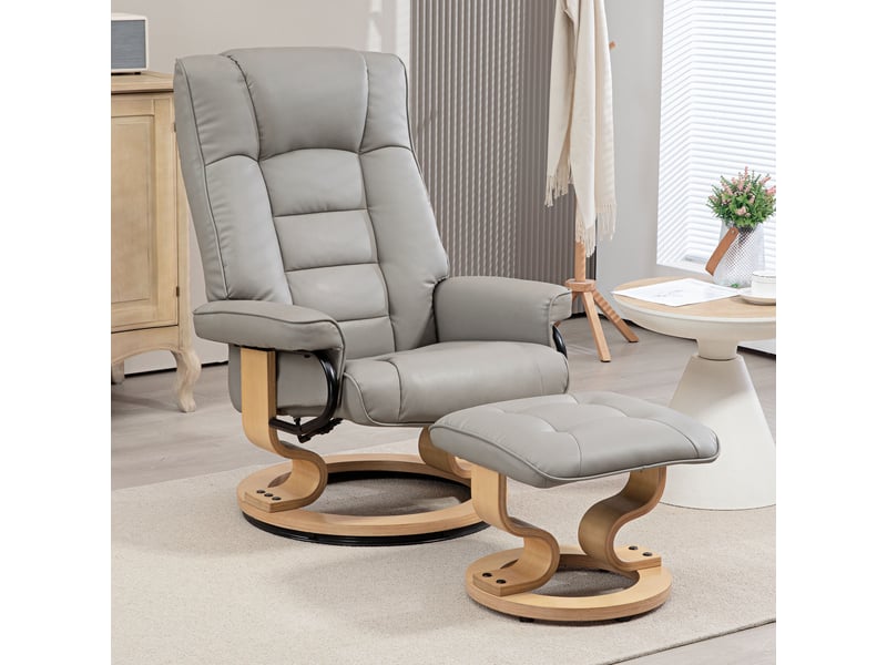  Fauteuil inclinable avec repose-pieds, pivotant et inclinable, revêtement en similicuir, jusqu'à 150 kg, structure en bois, gris  - Conforama C