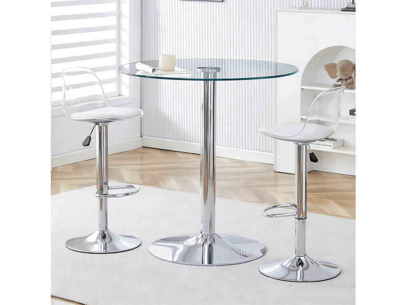  Ensemble table haute ronde en verre 89 cm avec 2 tabourets réglables pivotants, transparent et argenté  - Conforama E