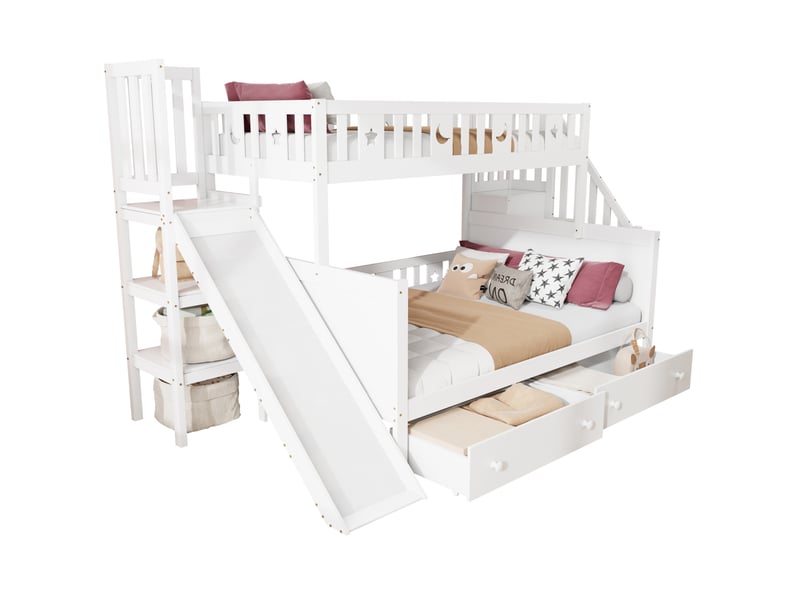 Lit superposé enfant 90x200 et 140x200 cm toboggan, 2 tiroirs, sommier bois blanc sans matelas - Conforama A