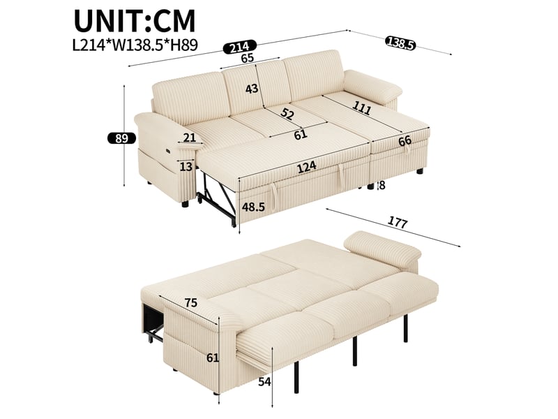  Canapé d'angle convertible 3 places 214 x 138,5 x 89 cm, couchage 214 x 177 cm, méridienne réversible avec coffre, usbtype-c, velours côtelé beige OMNIGLINT TRADING LTD - Conforama C