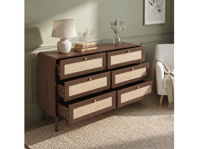  Commode avec 6 tiroirs en mdf et pe imitation rotin, finition noyer, pour chambre, 120 × 40 × 80 cm  - Conforama C