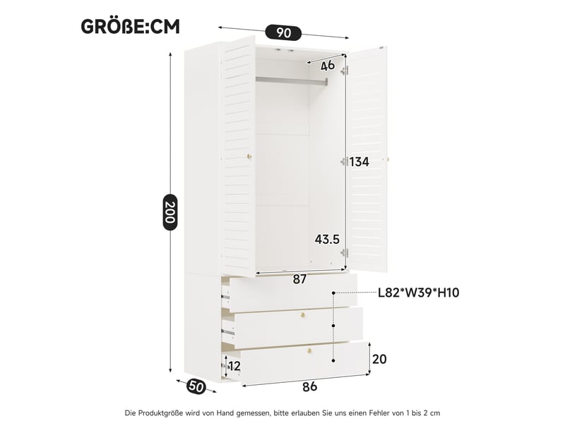 Armoire de chambre 90 x 50 x 200 cm avec 2 portes à persiennes, 3 tiroirs et tringle, armoire haute, blanc  - Conforama C