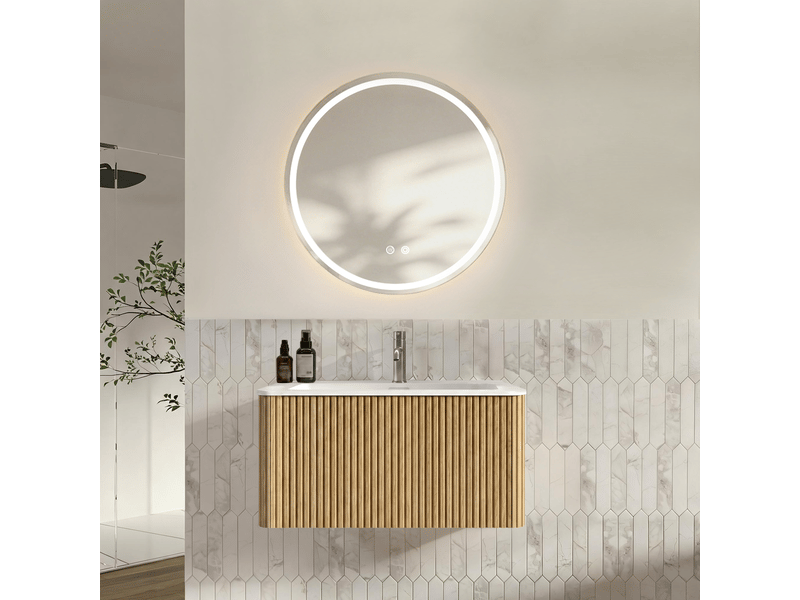  Meuble sous vasque suspendu avec 1 tiroir et miroir led anti-buée réglable pour salle de bain en mdf, chêne  - Conforama B