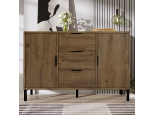 Buffet de rangement 120x40x76 cm commode avec 2 portes, 3 tiroirs, étagère réglable, panneau de particules effet chêne foncé, métal noir
