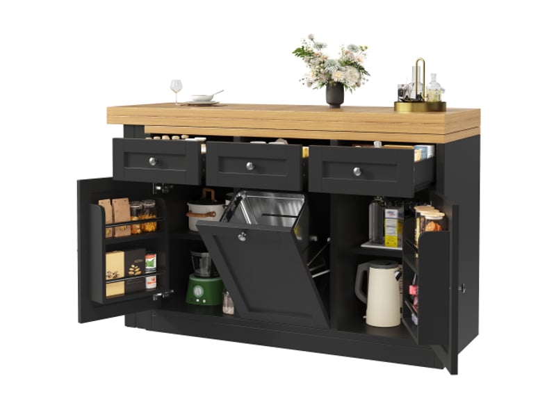  Bahut de cuisine multifonction, table à manger pliable avec tiroir et bac à snacks, support poubelle intégré extractible  - Conforama D