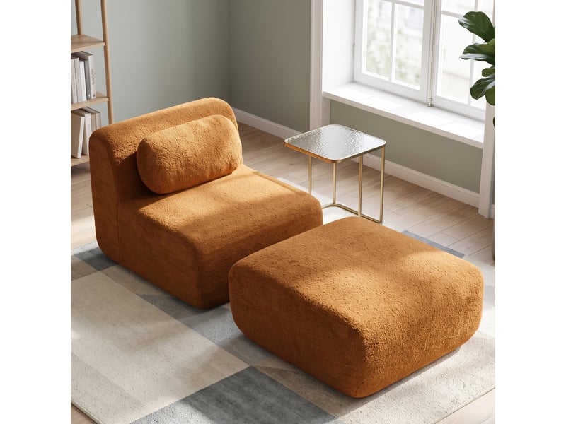  Fauteuil canapé modulable en chenille caramel avec repose-pieds  - Conforama C