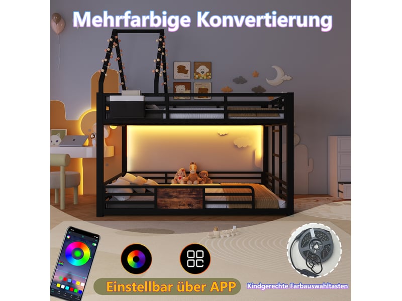 Lit mezzanine 140 × 200 cm avec led, poches de rangement, barrières et échelle pour chambre enfant, noir, métal - Conforama E