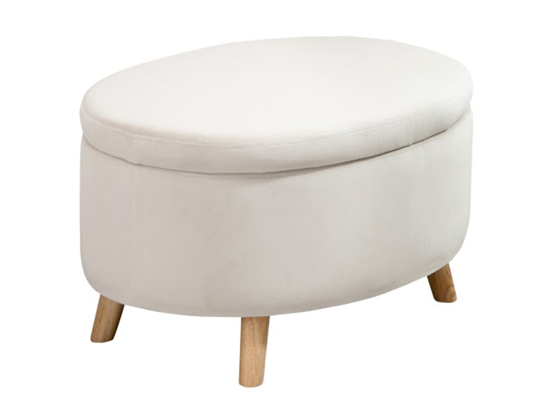  Banc coffre ovale beige effet velours avec couvercle, pieds en bois, 71x51,5x42 cm, rangement  - Conforama A