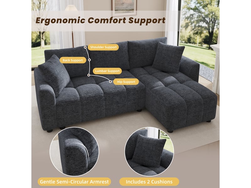 Canapé d’angle modulable 204 cm en l canapé 3 places avec 2 coussins décoratifs, revêtement en tissu chenille, pour salon et appartement, gris OPULERANE TRADING LTD - Conforama E