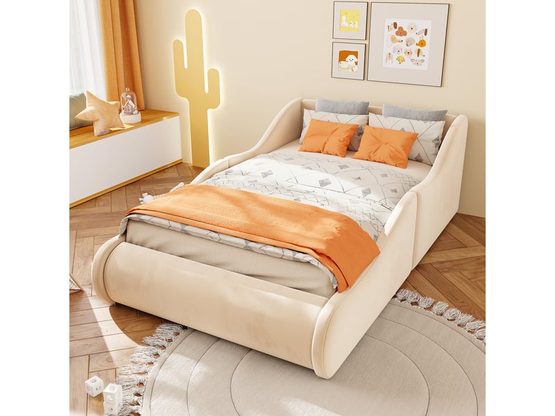  Lit enfant 90x200 capitonné beige - velours avec barrière de sécurité et tête de lit haute  - Conforama E