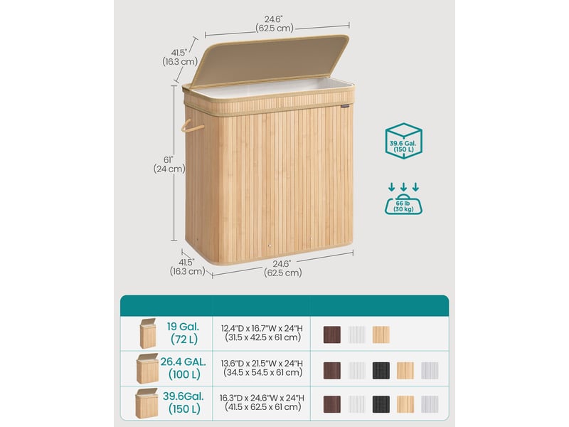 Panier à linge sale avec couvercle, corbeille linge sale en bambou, sac intérieur amovible et lavable en machine, poignées, volume 150 l, buanderie, chambre, salon, bambou naturel  - Conforama E