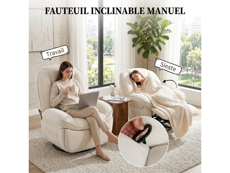  Fauteuil de relaxation inclinable et pivotant en chenille crème 93x91x104 cm  - Conforama D
