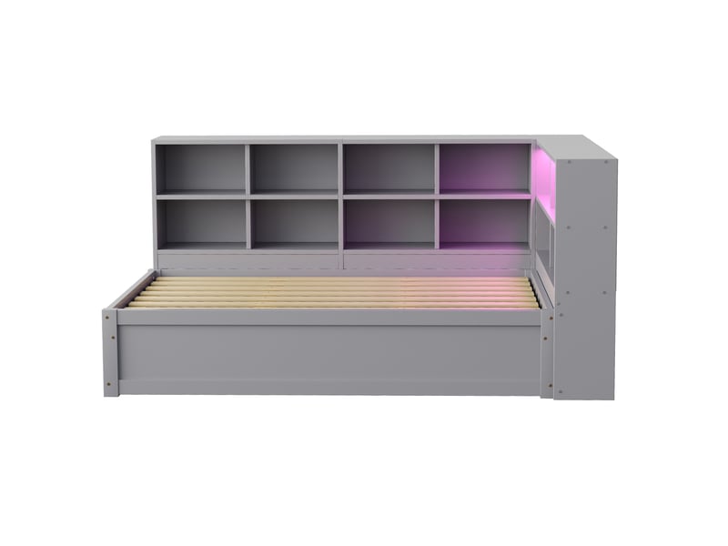  Lit coffre 90x200 cm, lit enfant avec usb, led et rangement, en bois gris, sans matelas  - Conforama E
