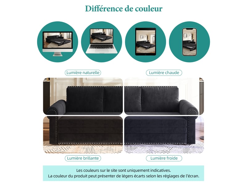  Canapé convertible 3 places noir en velours avec accoudoirs arrondis, 238 cm Fay Lum - Conforama W