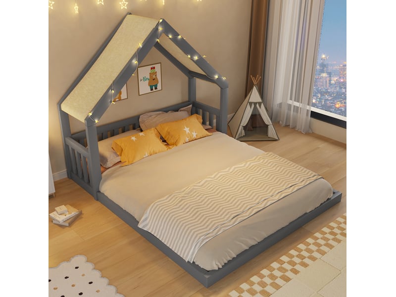  Lit cabane 140 x 200 cm avec toit en tissu et guirlande lumineuse gris evryae  - Conforama C