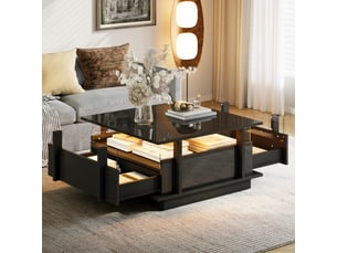 Table basse lumineuse 70x70x35cm avec éclairage led, 2 tiroirs et séparateur en acrylique transparent, design brillant gain de place, stratifié, noir
