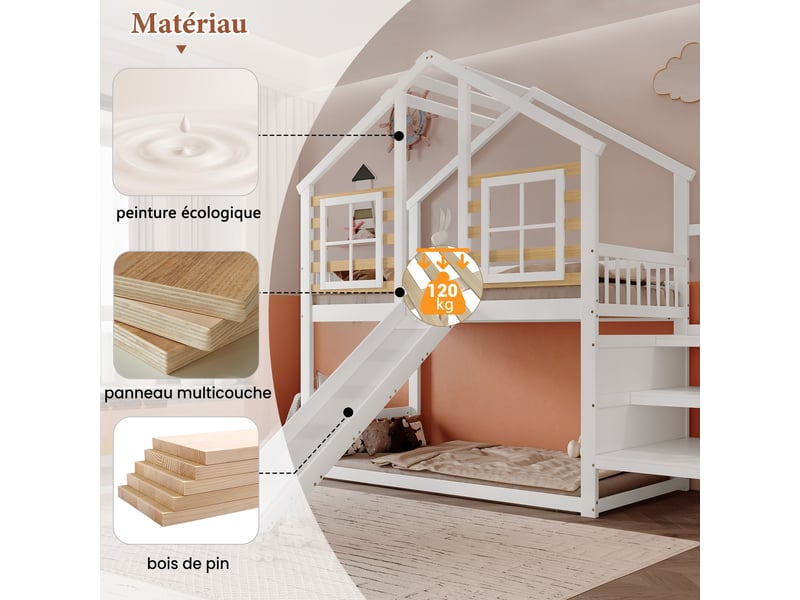 Lit cabane superposé 90 x 200 cm, escalier, rambarde, toboggan, fenêtre, bois massif, blanc - Conforama D