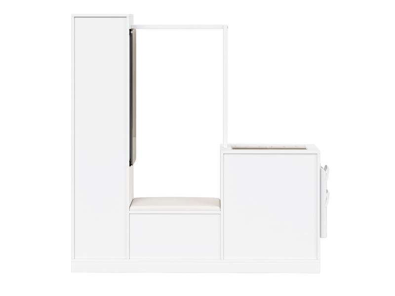  Combinaison d'entrée 6 en 1, ensemble armoire, coiffeuse avec tringle à vêtements, banc à chaussures et armoire à chaussures pliante, vitrine en GL06123W - Conforama B