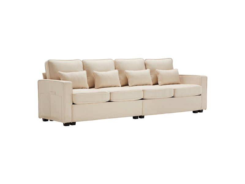  Canapé droit 4 places 264 cm avec poches latérales, dossier haut, 4 coussins lombaires, assise amovible, tissu effet lin beige  - Conforama A