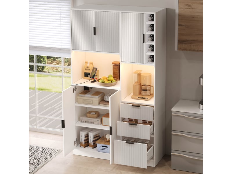  Armoire de cuisine moderne 180cm meuble de rangement avec led prises usb tiroirs et cave à vin armoire salle à manger  - Conforama W