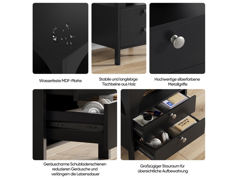  Table de chevet moderne 45x40x58 cm, 2 tiroirs, 1 niche ouverte, rangement multifonction, salon et chambre, mdf, noir  - Conforama E