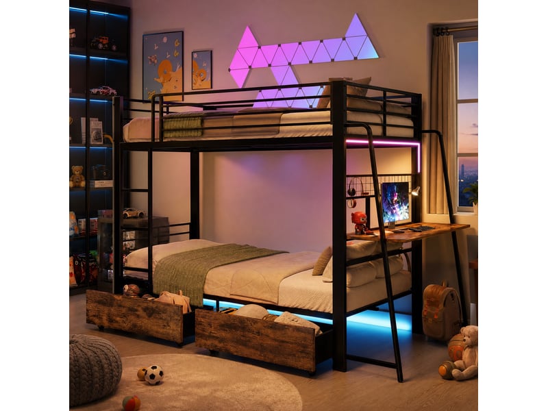  Lit mezzanine 140 × 200 cm 2 places avec bureau, 2 tiroirs, led réglable, prises usb et type-c, sans matelas, noir  - Conforama B