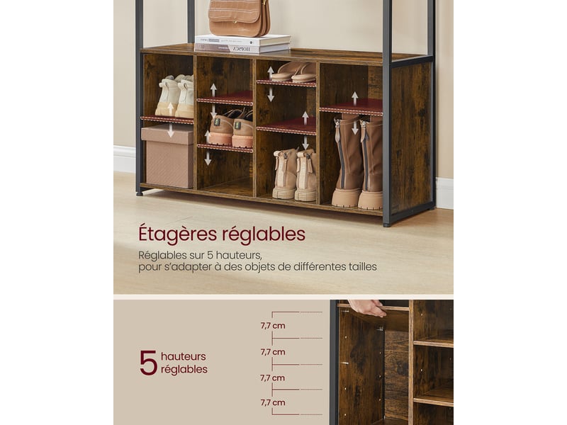 Porte-manteau meuble d’entrée avec étagères à chaussures 32 x 100 x 180 cm étagères réglables compartiments ouverts style industriel pour entrée couloir marron 12_0007072  - Conforama C