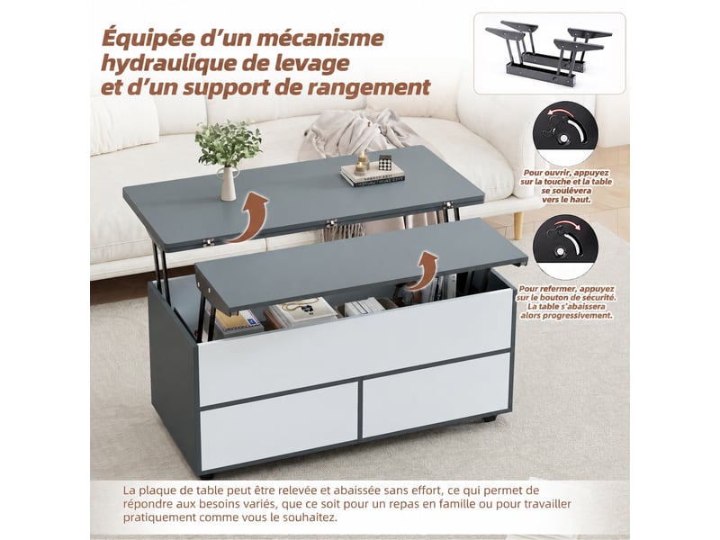  Table basse relevable hydraulique avec rangement, tiroir et roulettes 100 x 98 x 65 cm, gris et blanc  - Conforama C