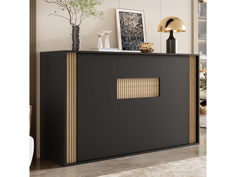 Buffet noir et bois naturel 140x40x82 cm, meuble de rangement 3 portes 1 tiroir avec led - Conforama D