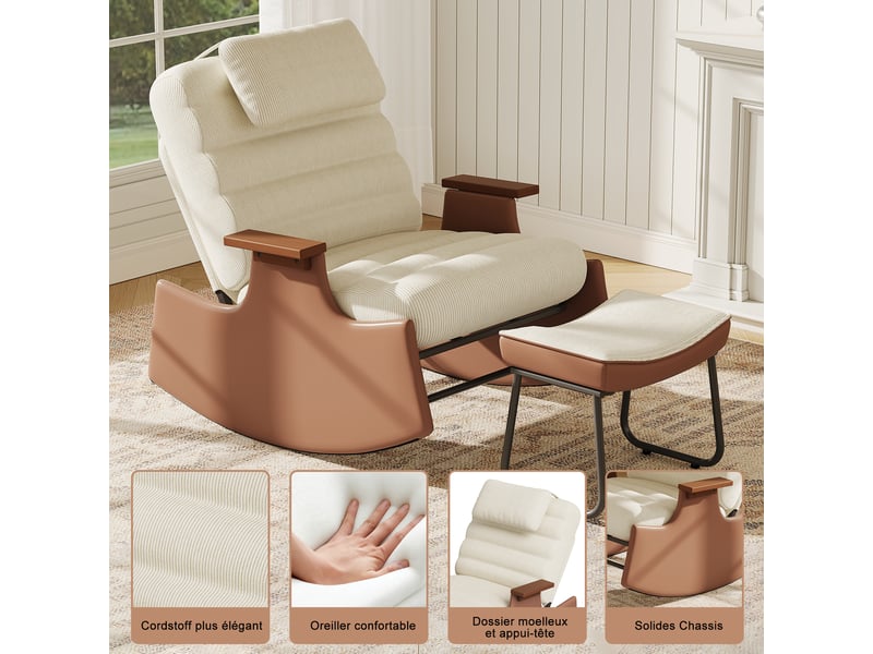  Fauteuil à bascule en laine d'agneau beige – avec repose-pieds – dossier réglable en trois positions – coussin d'assise épais – design ergonomique  - Conforama E