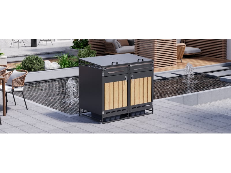  Coffre à poubelles extérieur deux compartiments - couvercle hydraulique, revêtement vertical imitation bois, ventilation perforée, armoire en fer verrouillable  - Conforama R