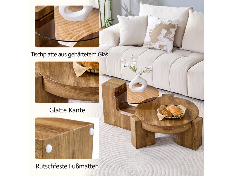  Lot de 2 tables basses rondes 61x30+44x39 cm, table d'appoint, design à 2 niveaux, pour salon, mdf et verre, naturel  - Conforama E