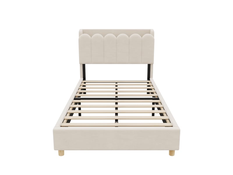  Lit simple 90x200 cm, lit enfant, sommier à lattes, usb et usb-c, tête de lit rembourrée, velours beige  - Conforama B
